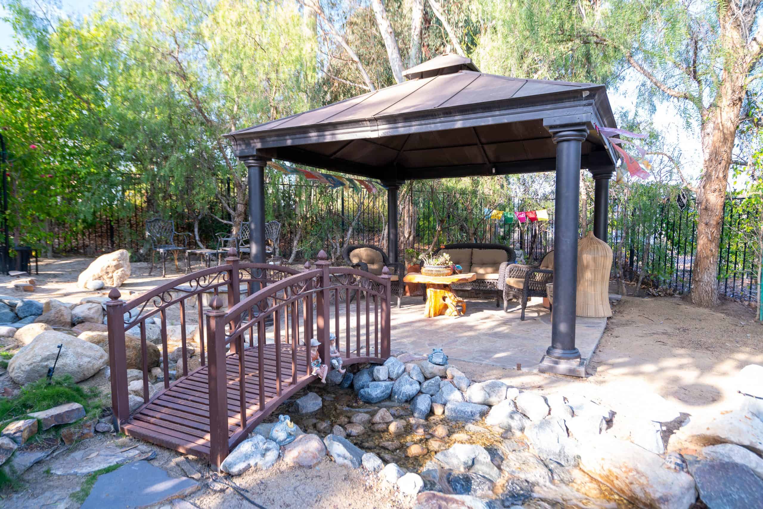 Gazebo and footbridge in the meditation garden at Villa Oasis