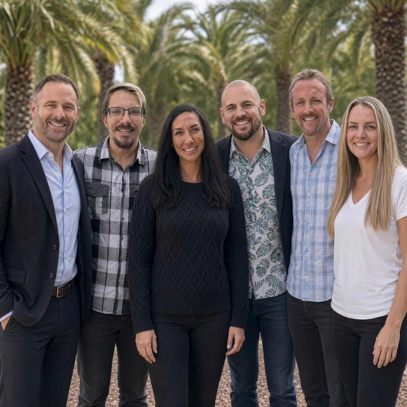 The Villa Oasis care team standing together among the palms in Rancho Santa Fe