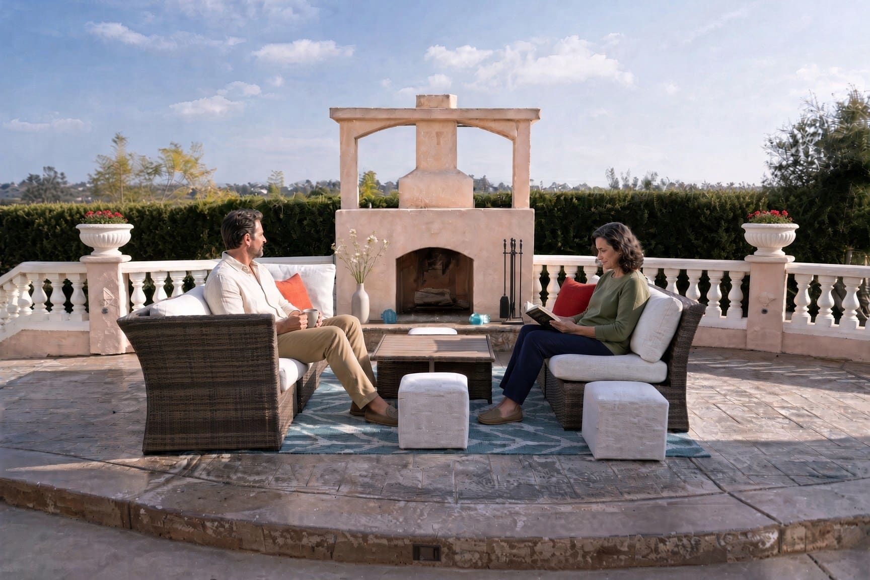 Outdoor fireplace lounge on the pool terrace at Villa Oasis, with seating overlooking the grounds