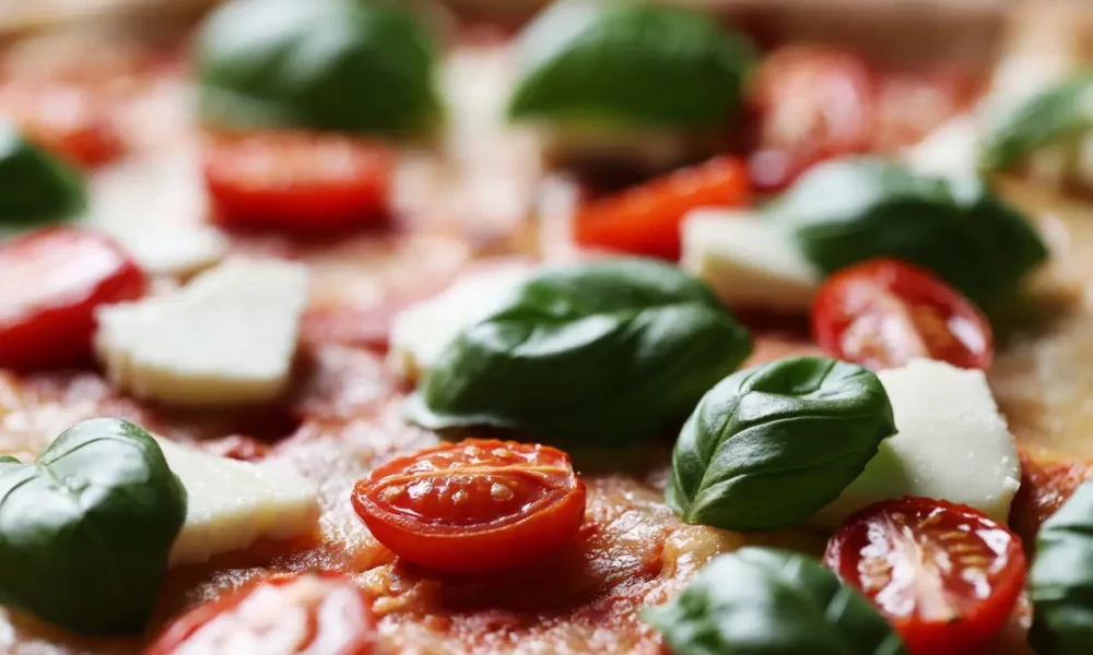 A close up shot of a pizza with tomatoes, basil, and cheese