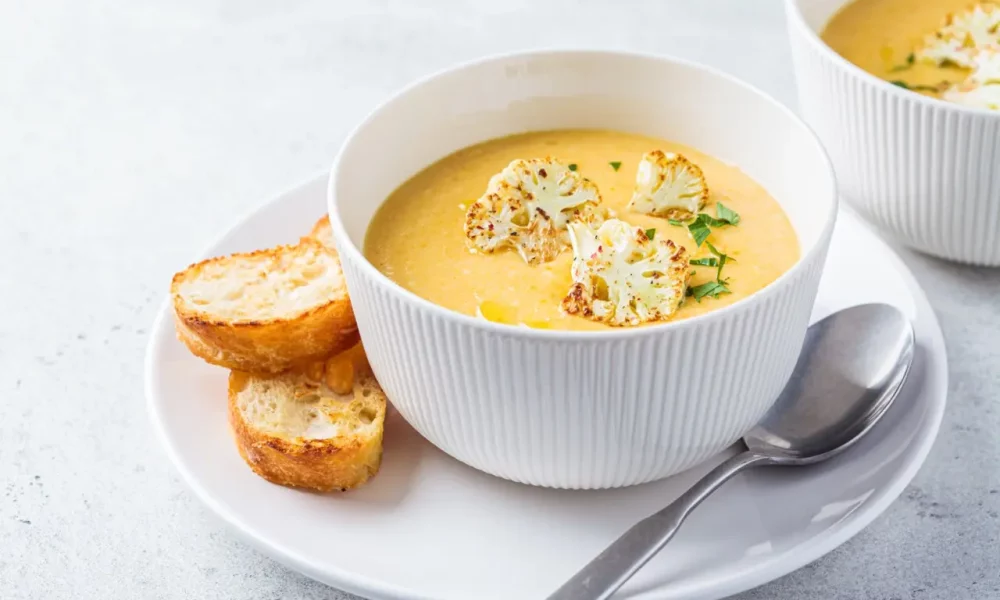 Cauliflower soup with toast baguette on the side