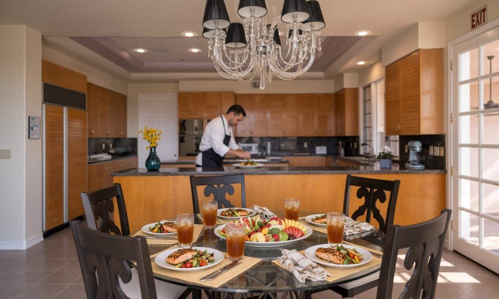 Chef plating a meal in the Villa Oasis kitchen, with the dining table set for a healthy lunch
